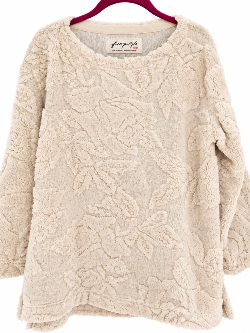 Free People Cream Textured Floral Crew Neck Sweater